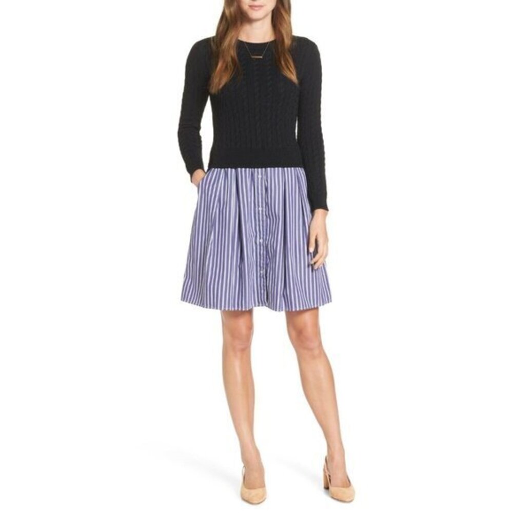 1901 Poplin Dress Cable Knit Sweater Top Button Down Striped Bottom SZ M New